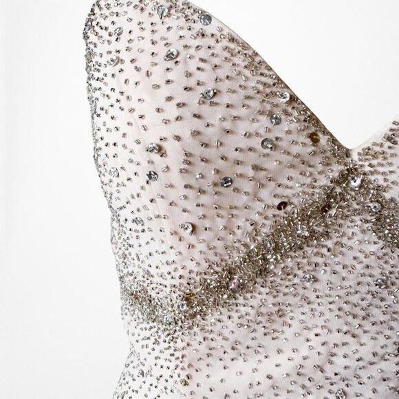 Vintage Pink Peach Beaded Thigh High Slit Fit Maxi Formal Prom Dress Size M - Picture 6 of 7